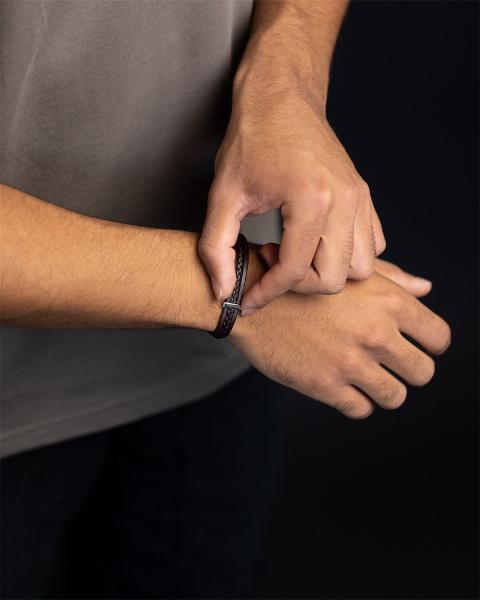 Dreifaches braunes italienisches Nappalederarmband mit versilberter Oberfläche - Ter Brown